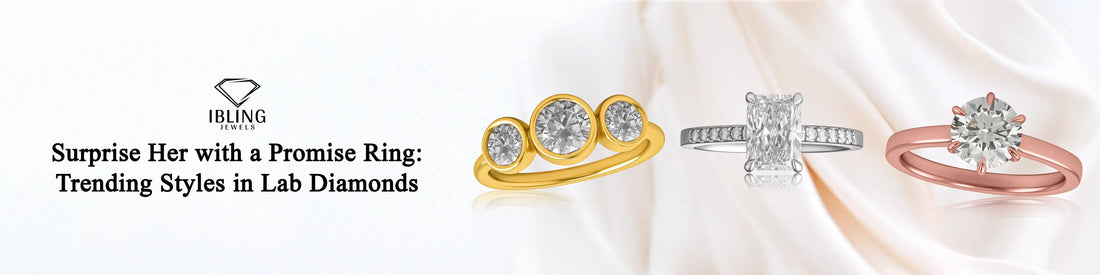 Lab-grown diamond promise rings: gold filigree round diamond, radiant cut diamond with side stones, and heart-shaped solitaire in rose gold