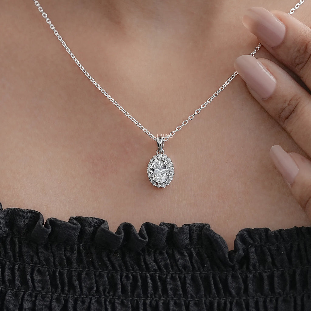 Oval Lab Grown Diamond Halo Necklace