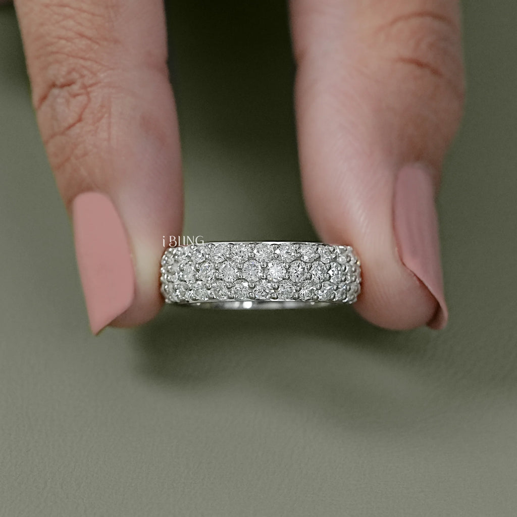 Three Row Pave Diamond Eternity Wedding Band