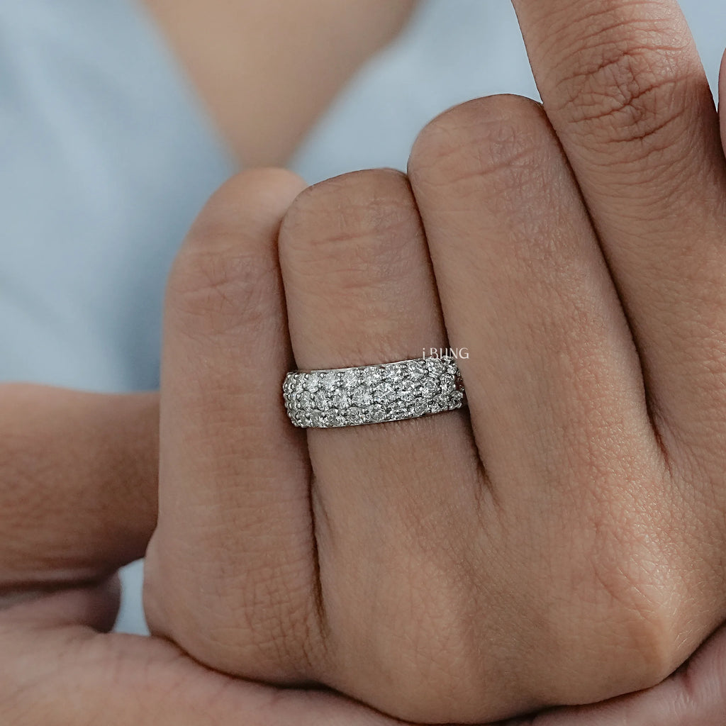 Three Row Pave Diamond Eternity Wedding Band