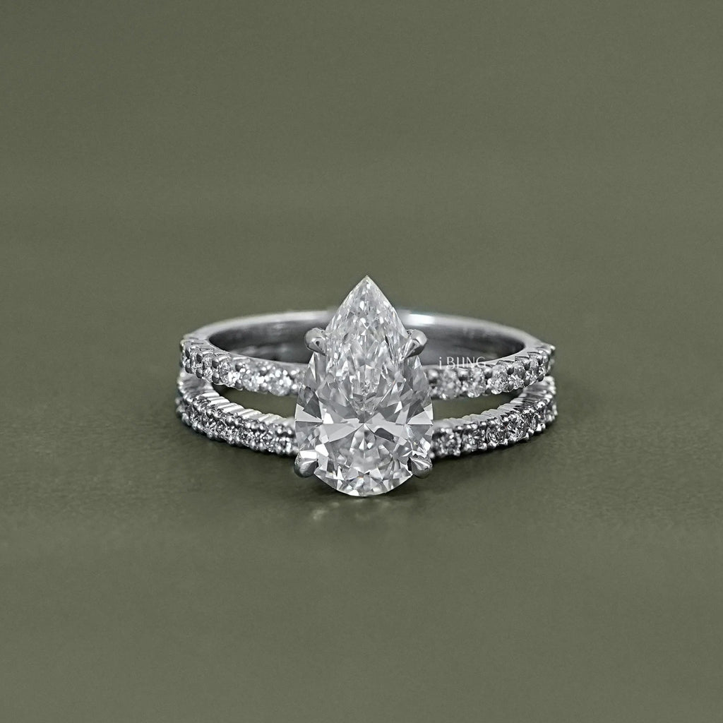 Pear cut lab grown Diamond Accent Set Bridal Ring Set