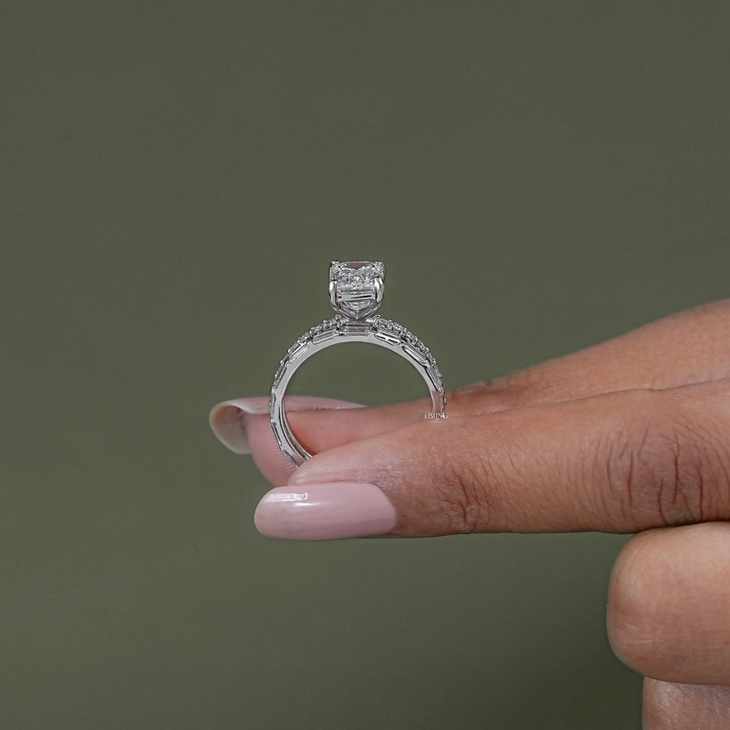 Emerald Shape Accent Diamond Bridal Ring For Wedding