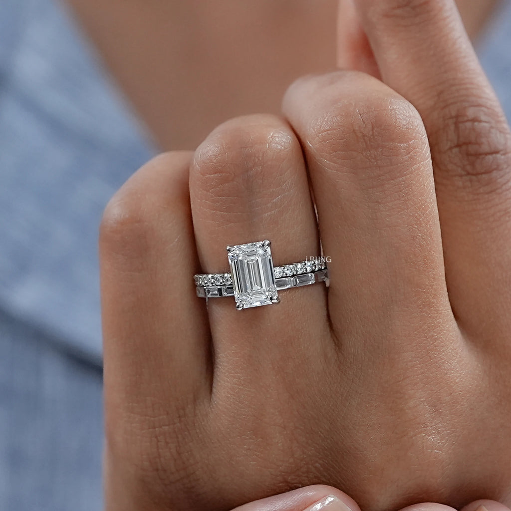 Emerald Shape Accent Diamond Bridal Ring For Wedding