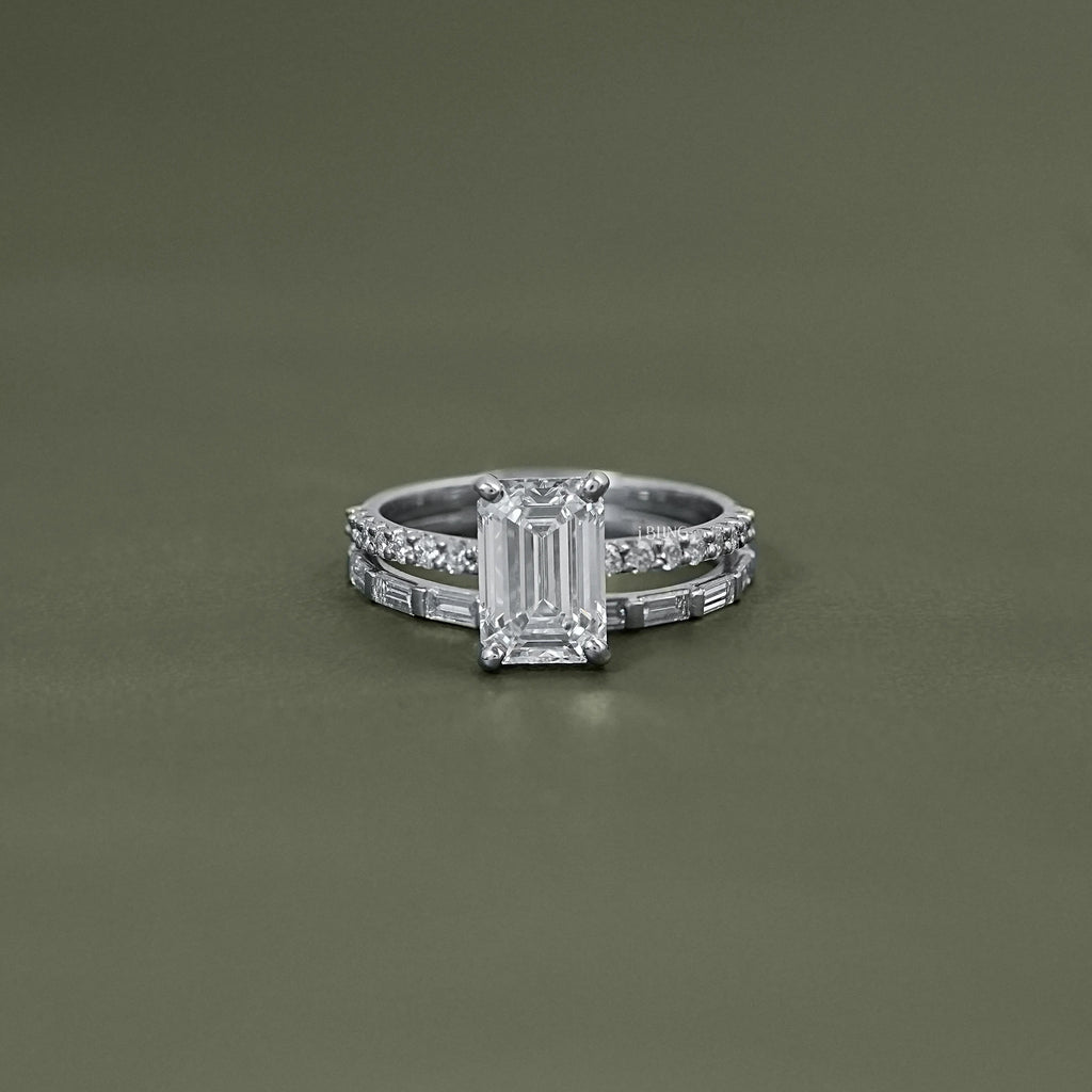 Emerald Shape Accent Diamond Bridal Ring For Wedding