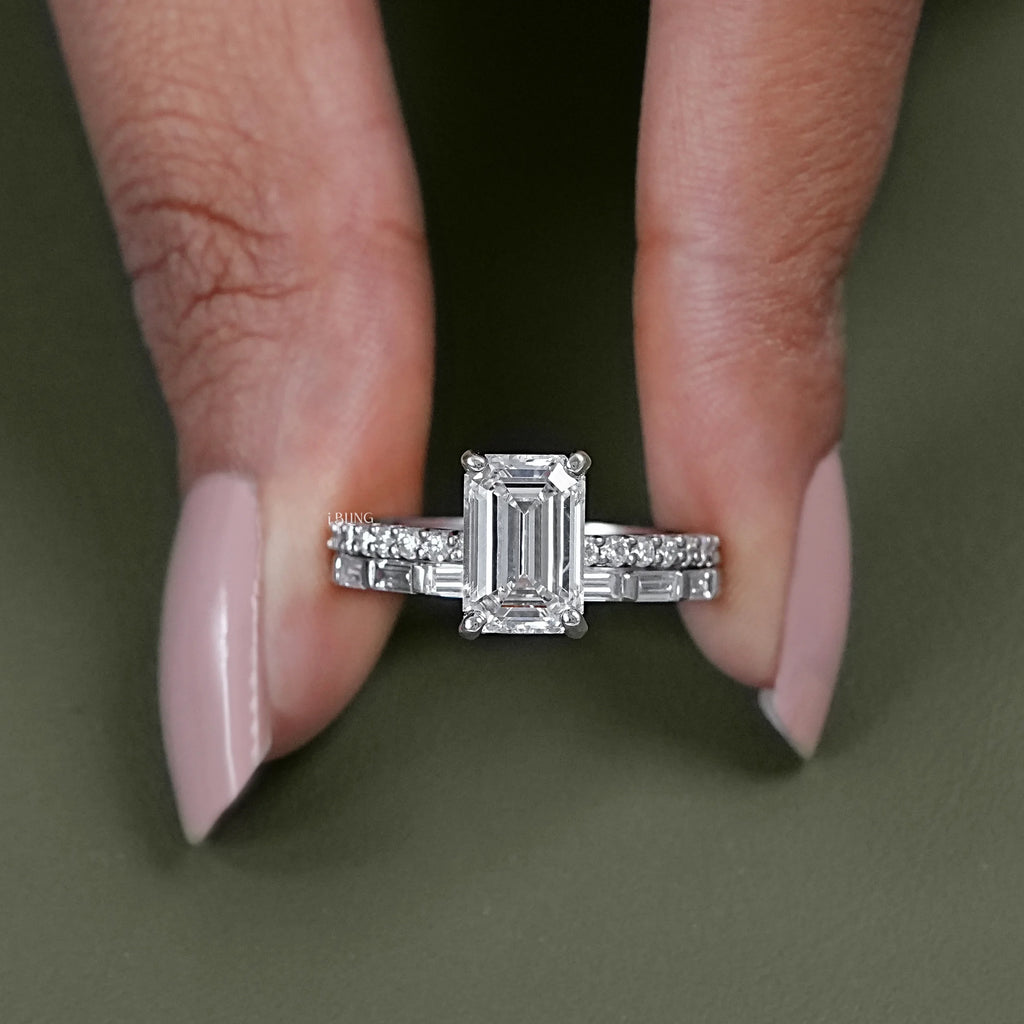 Emerald Shape Accent Diamond Bridal Ring For Wedding