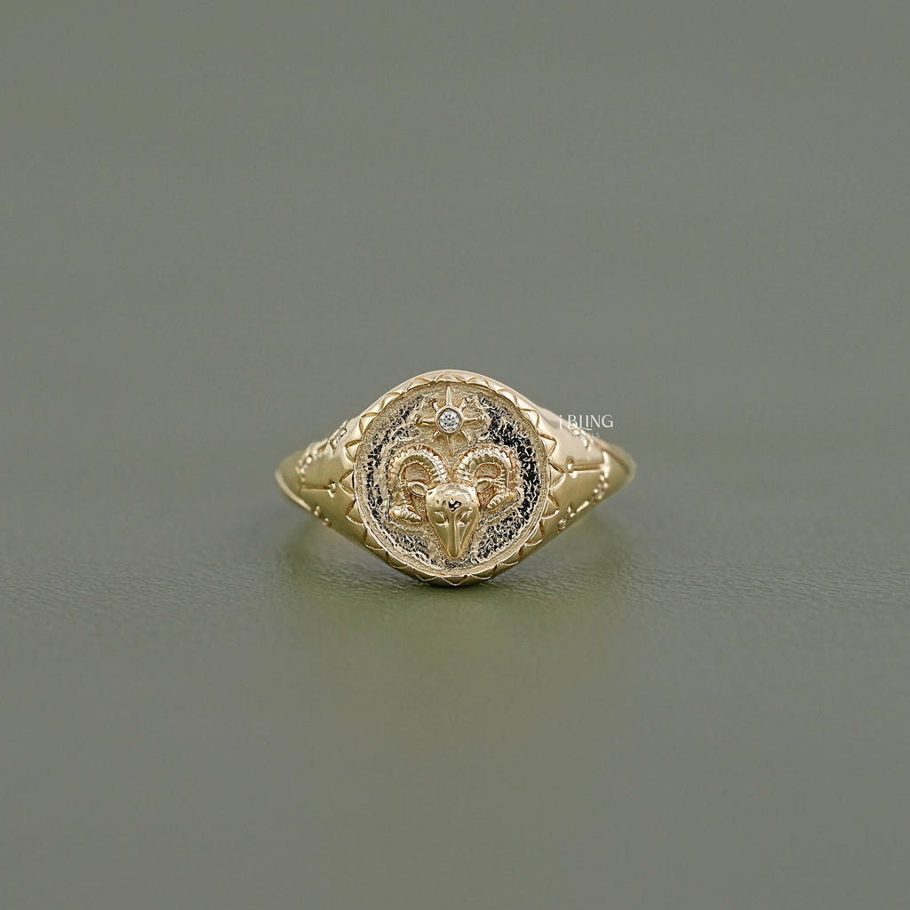 Aries Zodiac Diamond Signet Ring