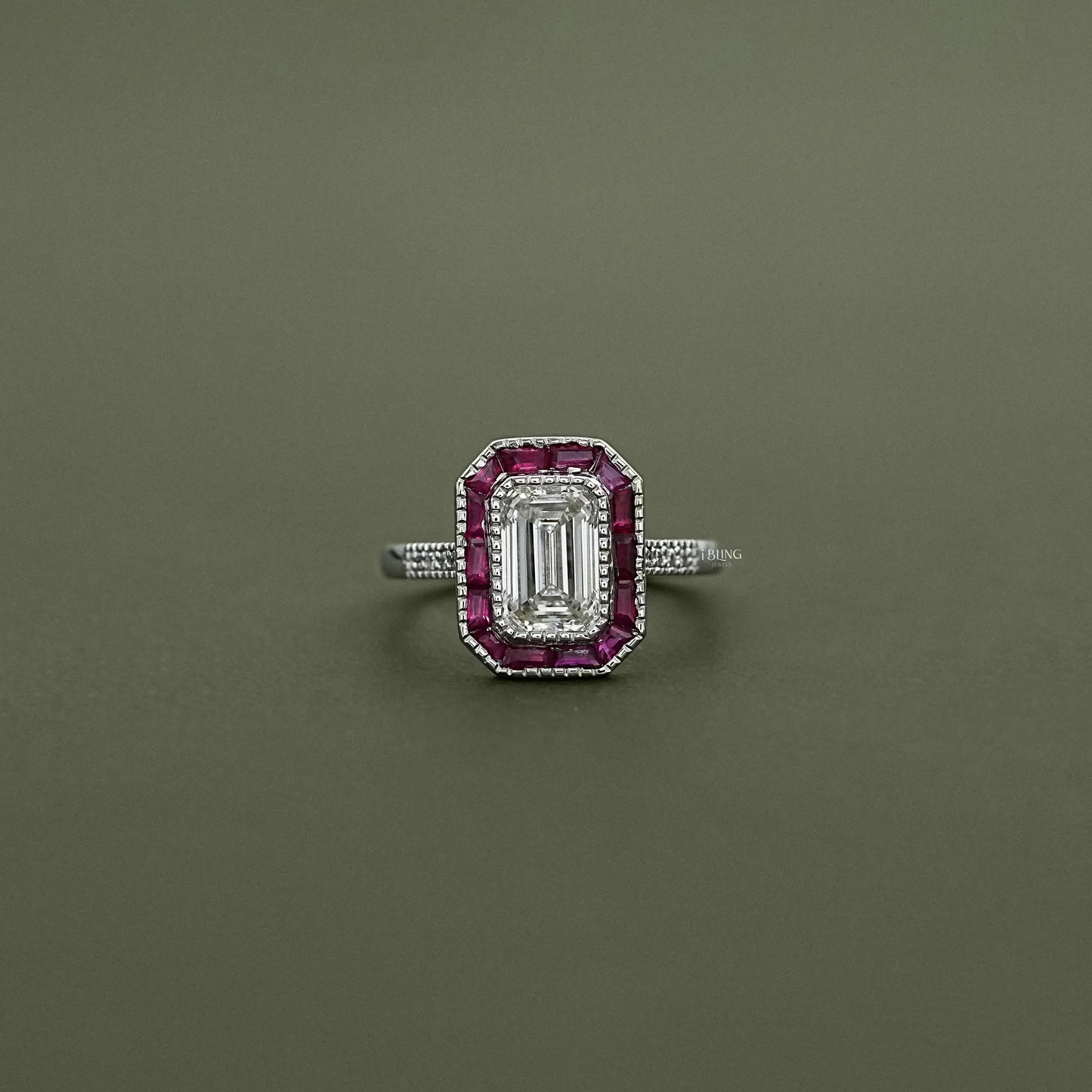 Ruby Tapered Baguette Halo Gemstone Engagement Ring