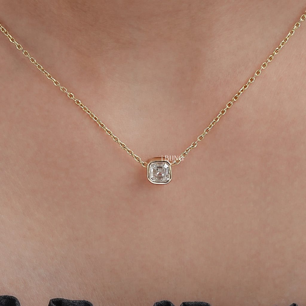 Asscher Cut Diamond Bezel Set Solitaire Necklace