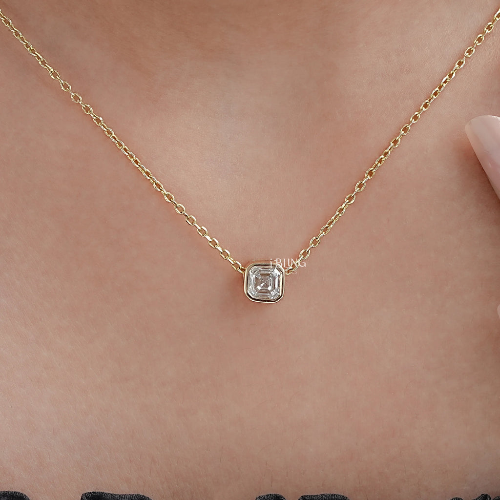 Asscher Cut Diamond Bezel Set Solitaire Necklace