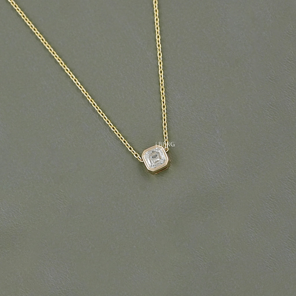 Asscher Cut Diamond Bezel Set Solitaire Necklace