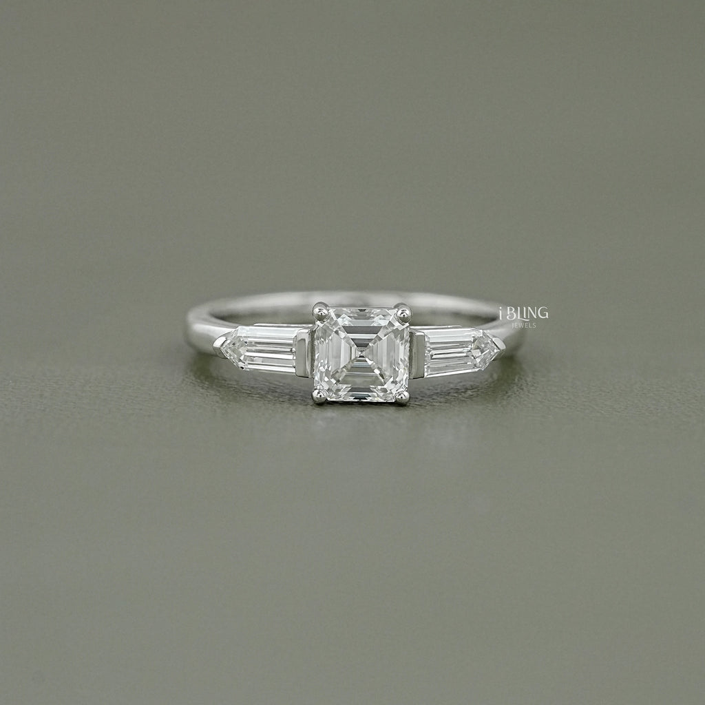 Asscher Cut Lab Diamond Three Stone Engagement Ring