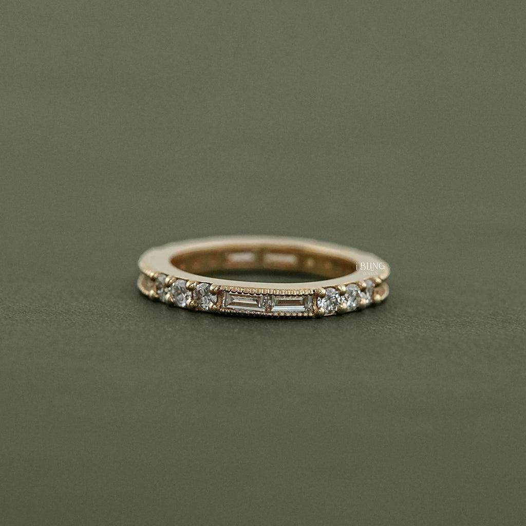Baguette And Round Diamond Filigree Wedding Band