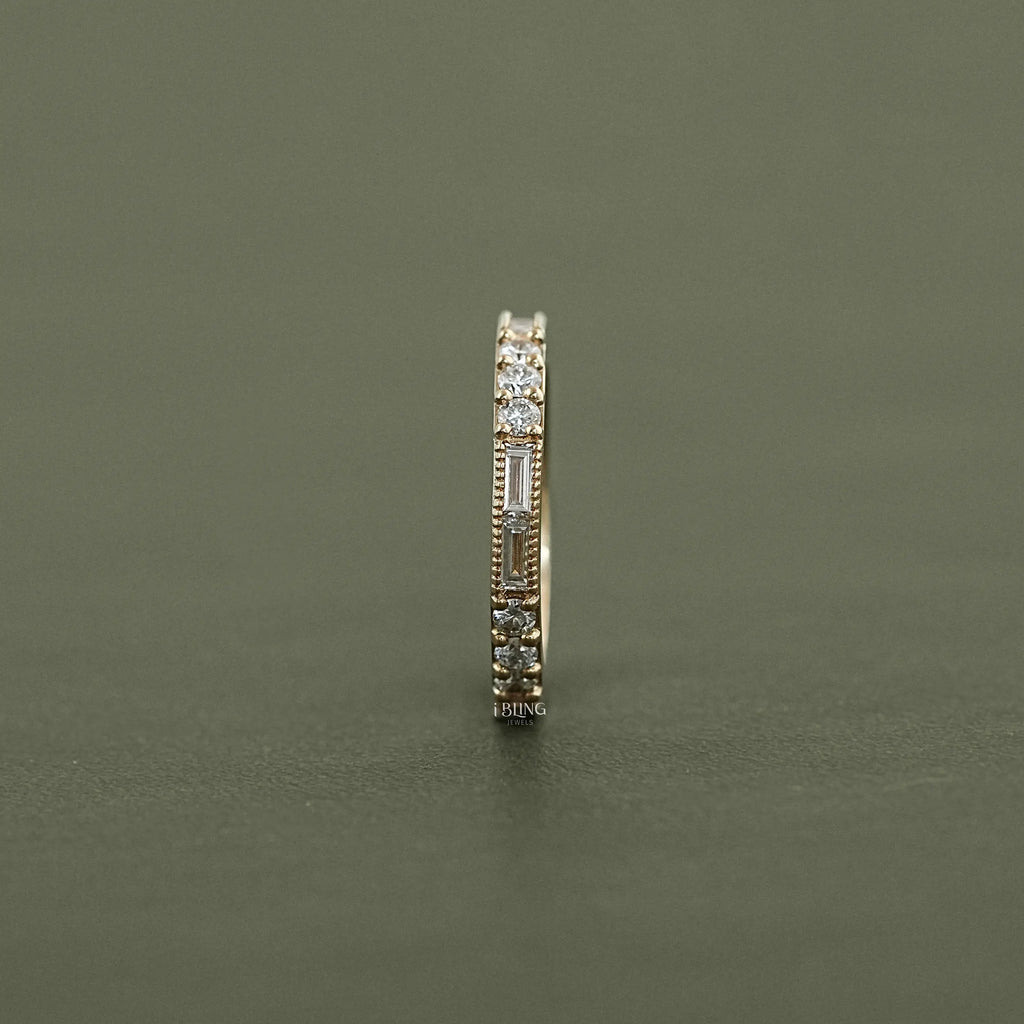 Baguette And Round Diamond Filigree Wedding Band