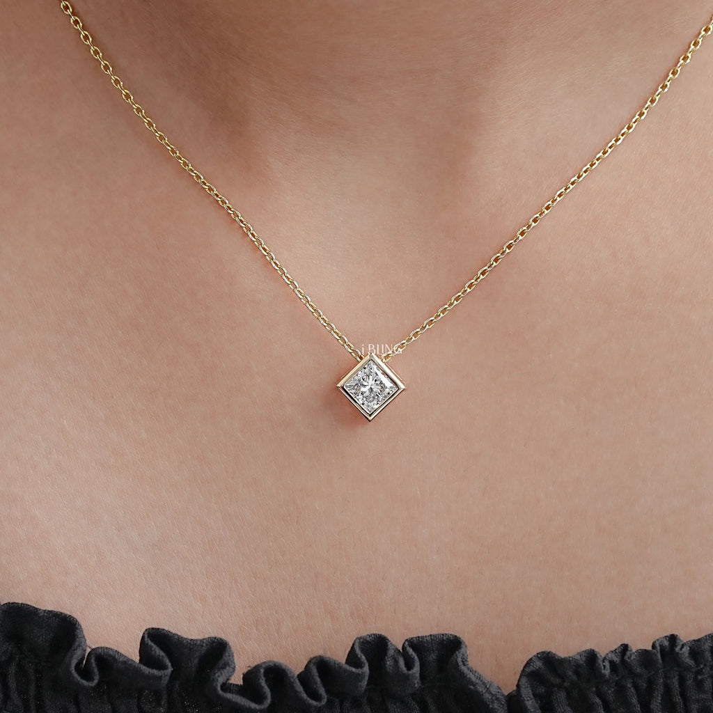 Princess Diamond Bezel Set Solitaire Necklace
