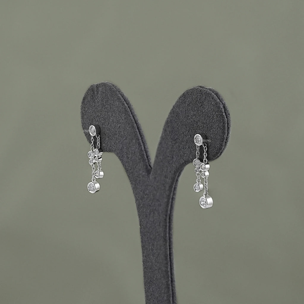 Round Cut Bezel Set Chain Drop Dangle Earrings