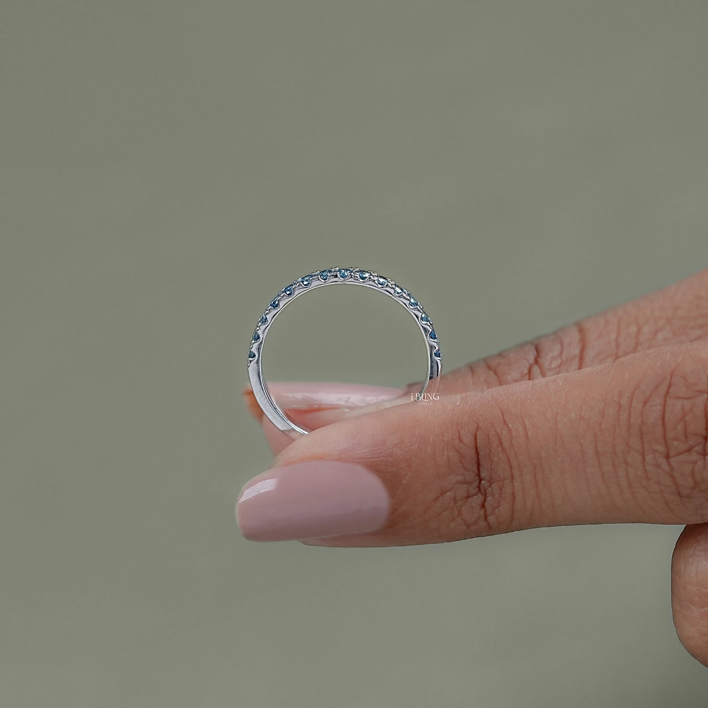 Blue Round Diamond Half Eternity Wedding Band Half Eternity