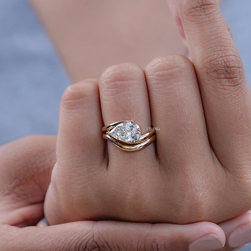 Pear Diamond Bypass Shank Solitaire Bridal Ring Set