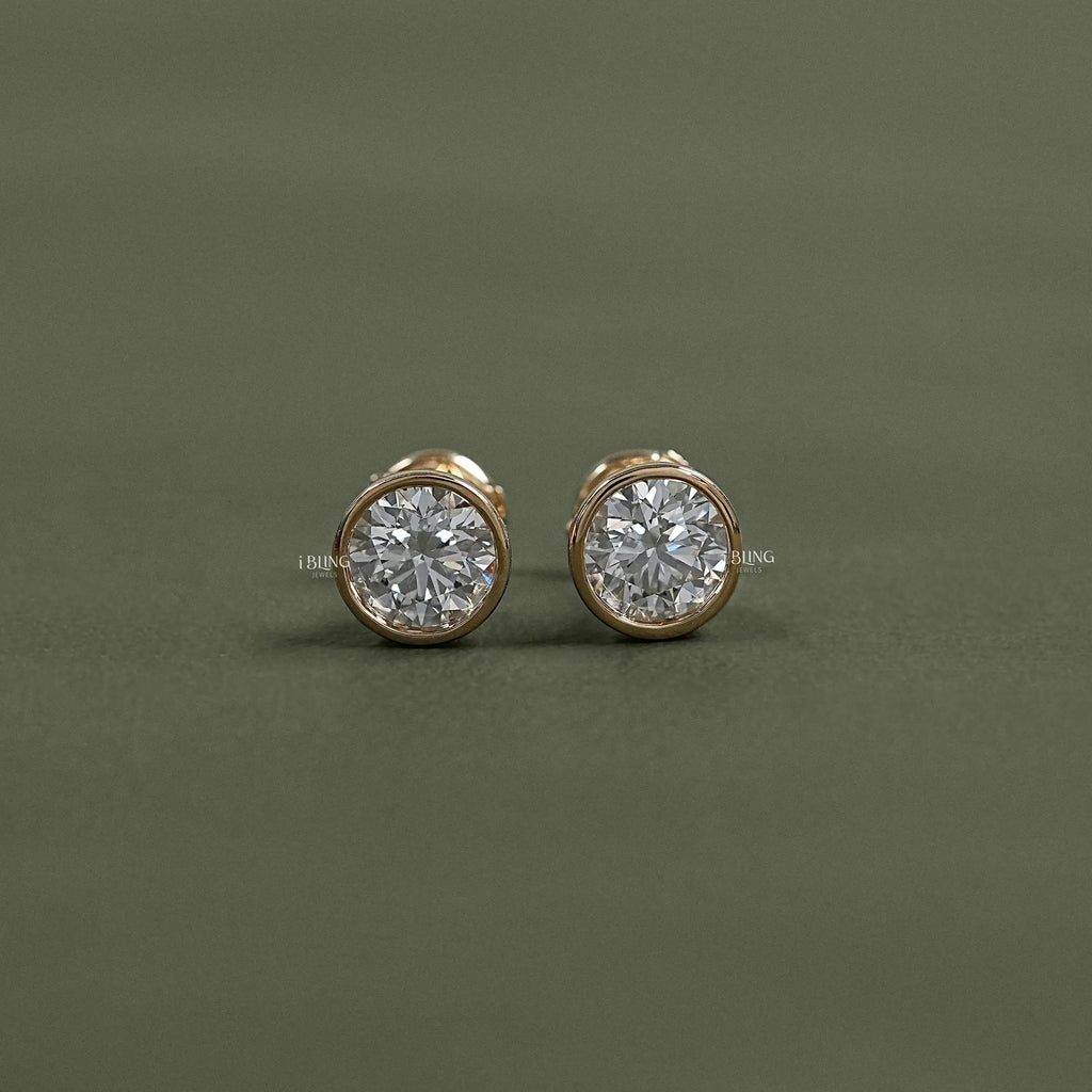 Round Cut Soliatire Bezel Set Stud Earrings