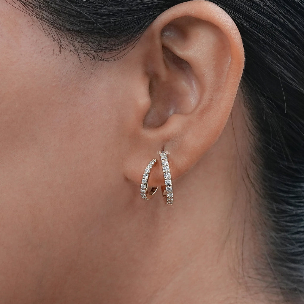 Round Diamond Double Row C Hoop Earrings