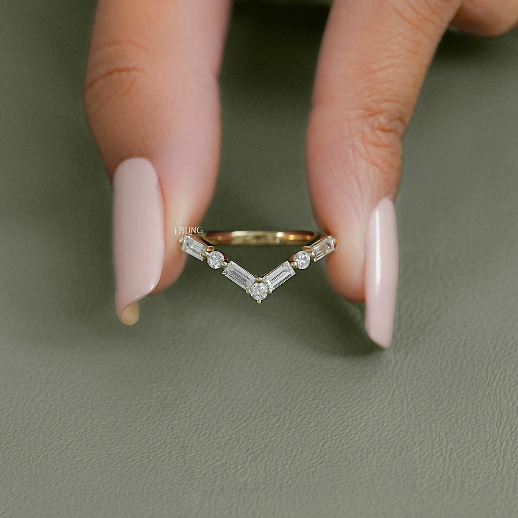 Round And Baguette Diamond V Shape Engagement Ring