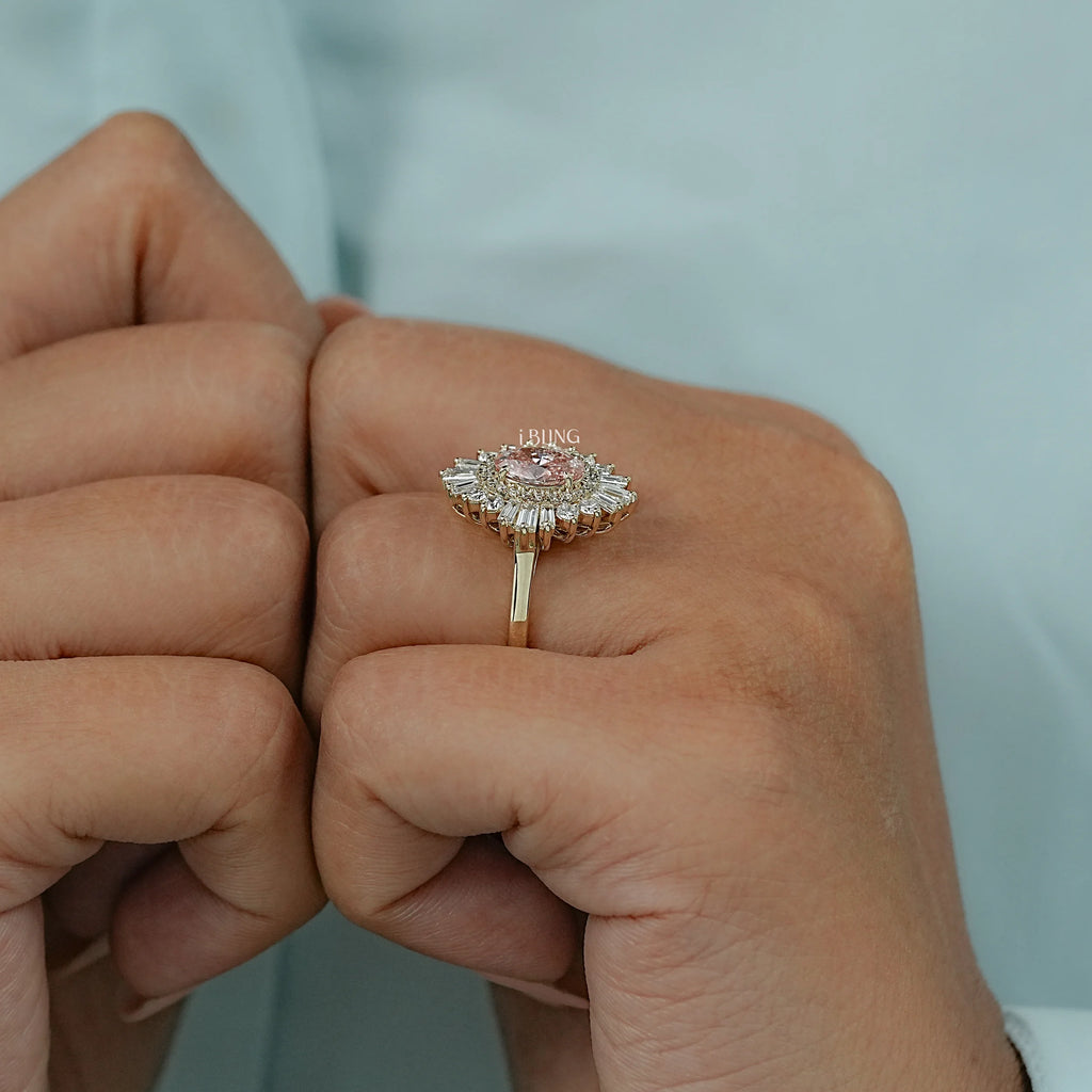 Pink Oval Cut Cluster Set Halo Engagement Ring