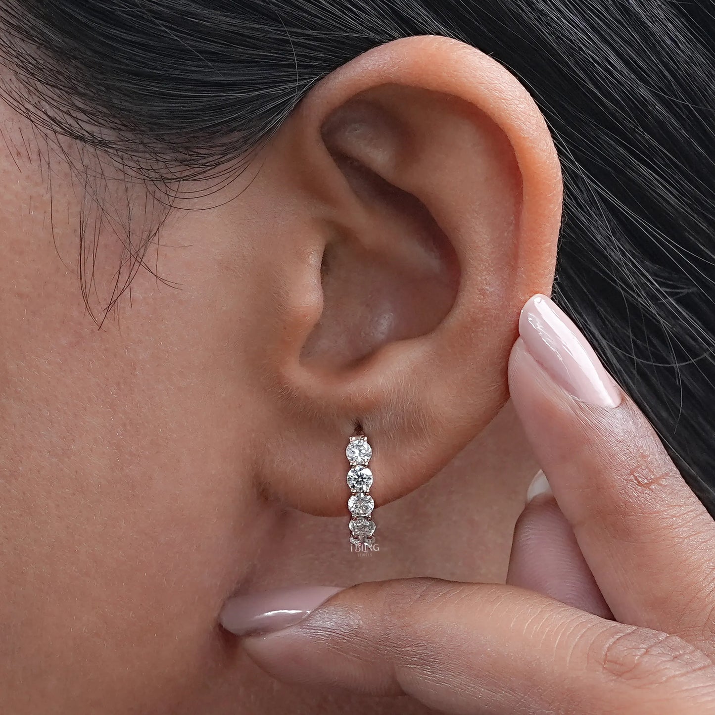 Five Stone Round Moissanite Huggie Hoop Earrings