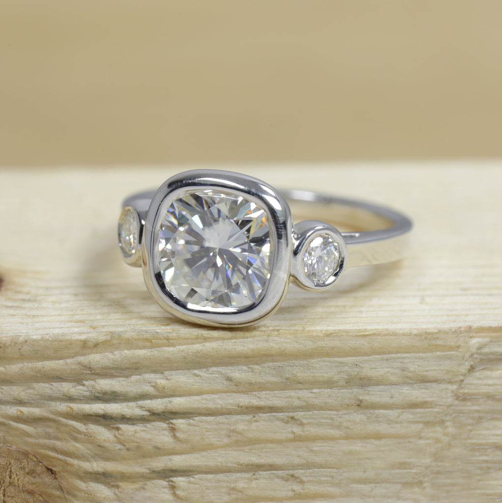 Three Stone Cushion Moissanite Bezel Set Ring