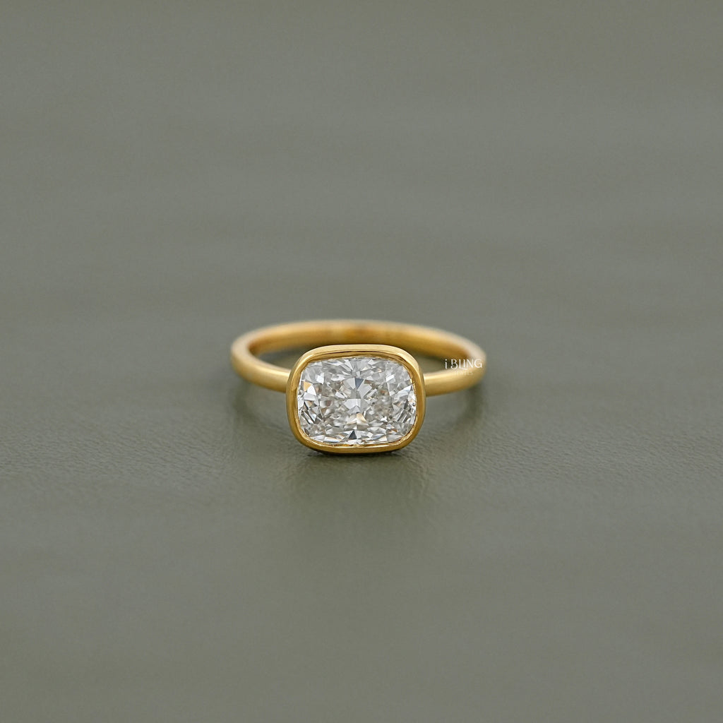 East West Cushion Cut Bezel Solitaire Engagement Ring