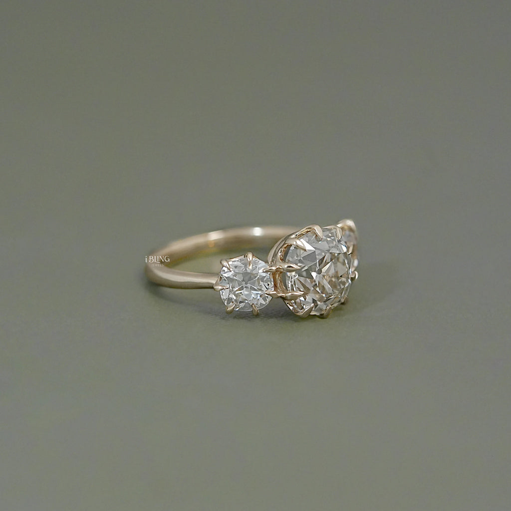 Three Stone Old Mine Cushion Cut Engagement Ring