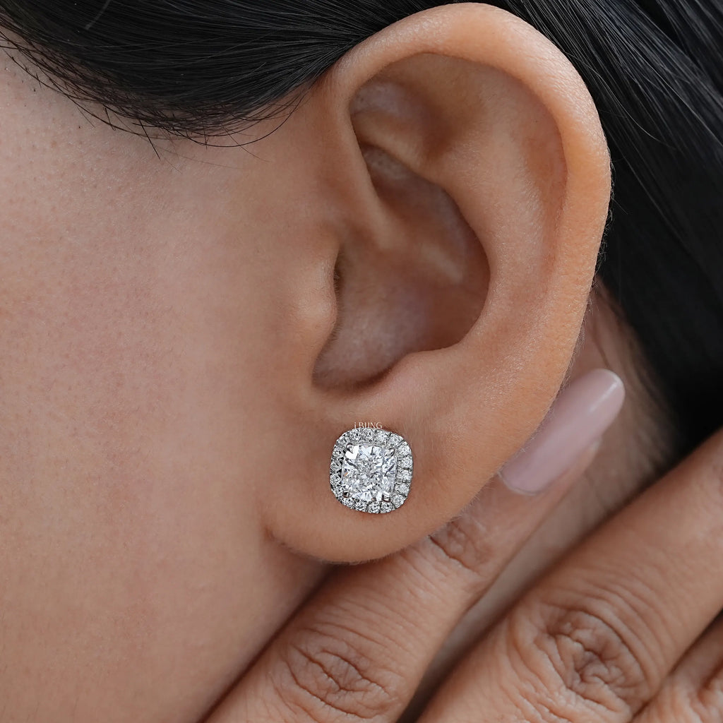 Cushion Cut Lab Diamond Halo Stud Earrings