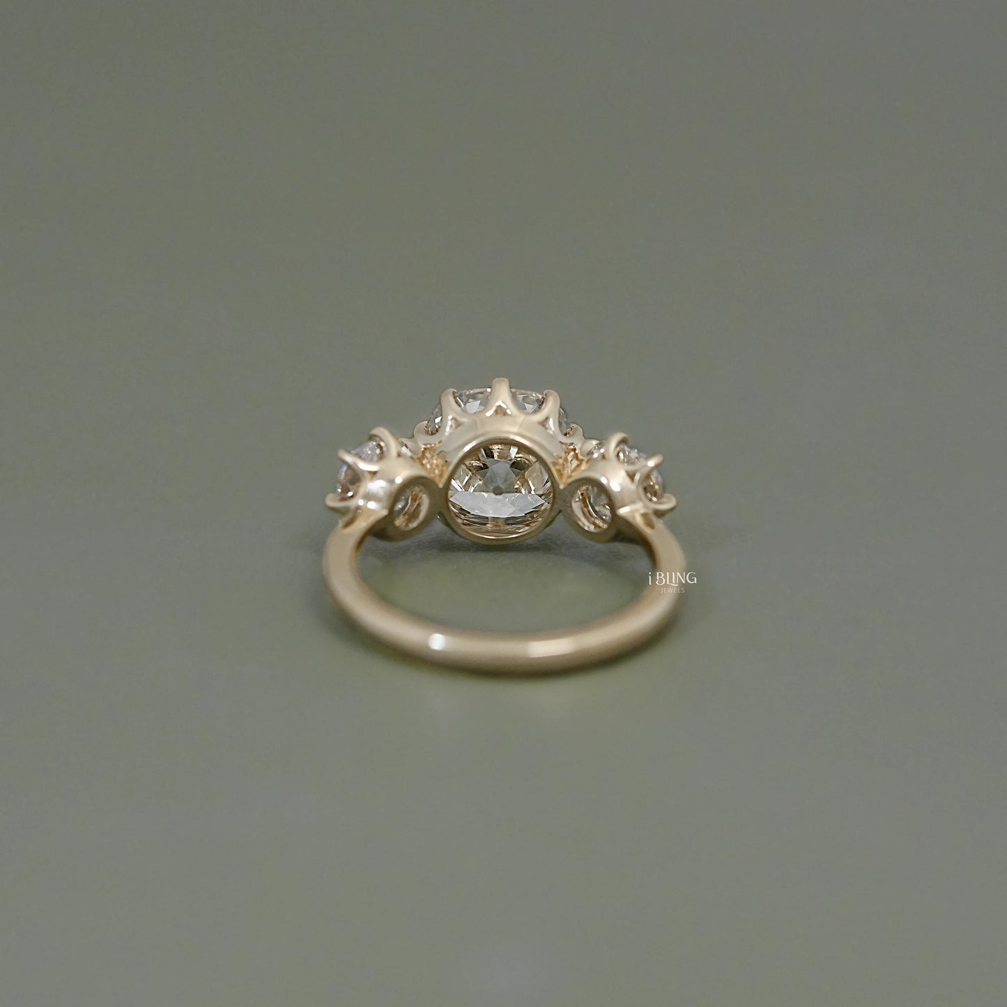 Three Stone Old Mine Cushion Cut Engagement Ring