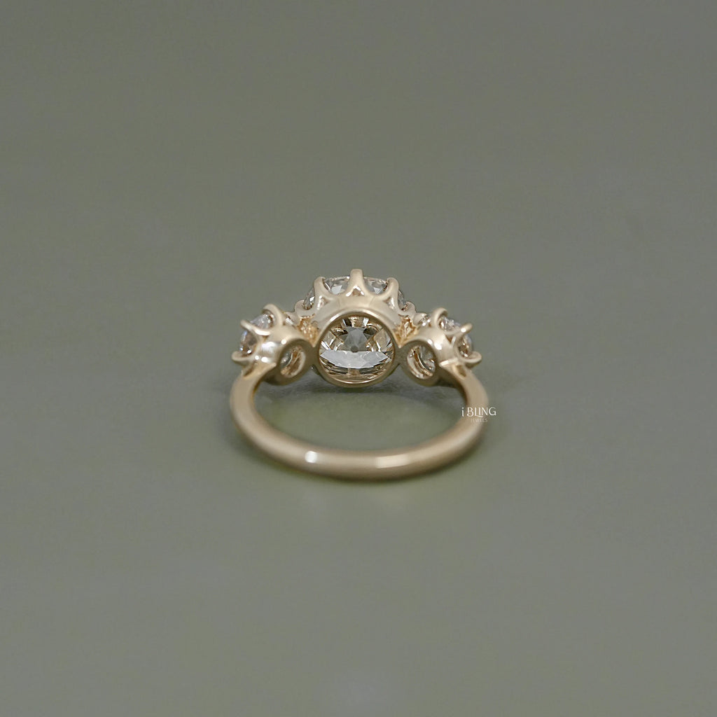 Three Stone Old Mine Cushion Cut Engagement Ring