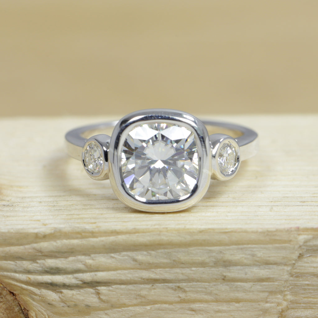 Three Stone Cushion Moissanite Bezel Set Ring