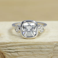 Three Stone Cushion Moissanite Bezel Set Ring