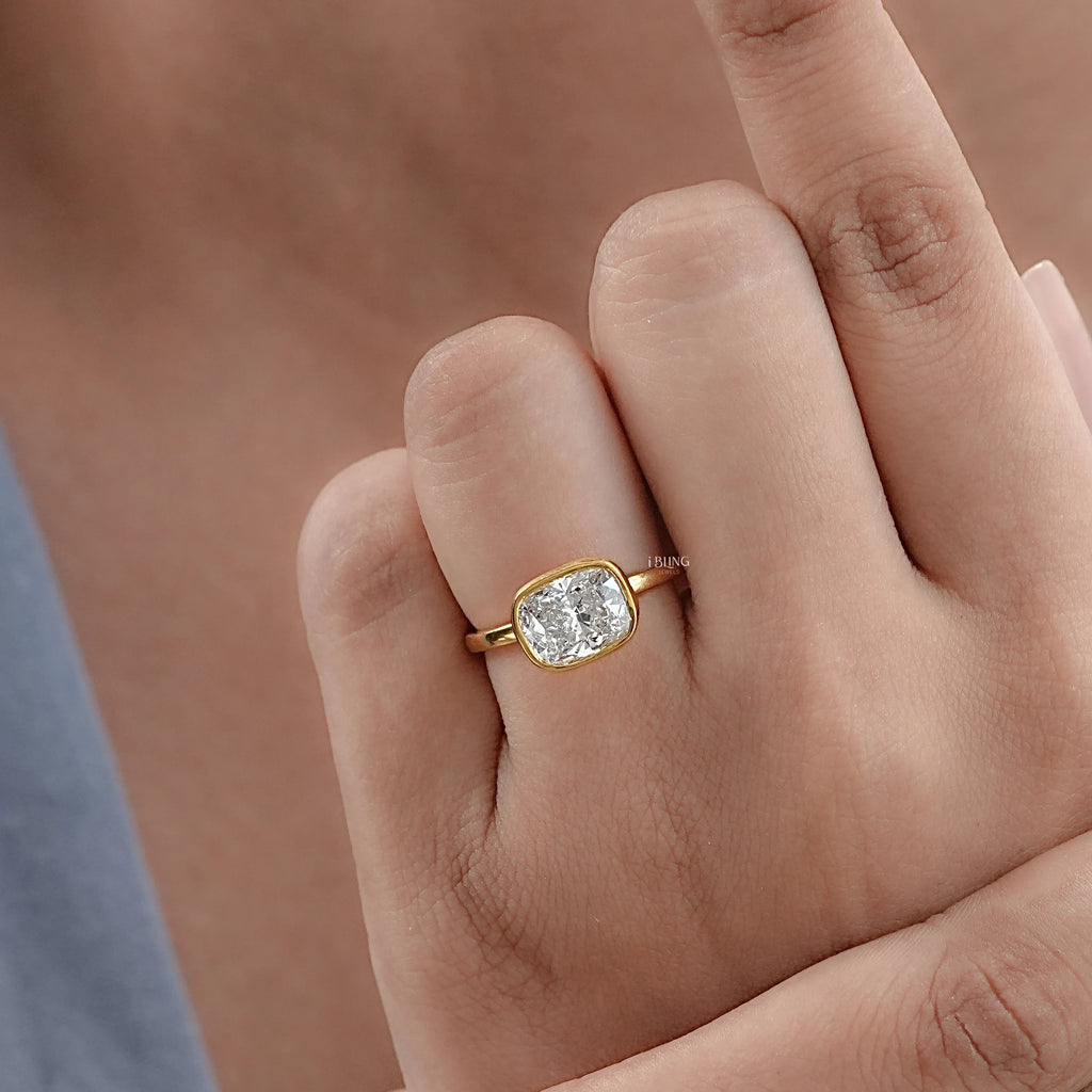 East West Cushion Cut Bezel Solitaire Engagement Ring