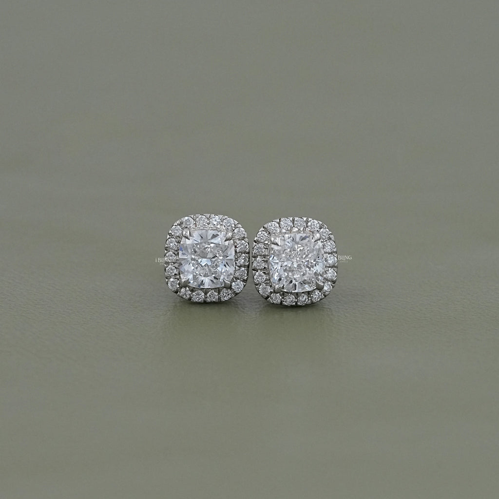 Cushion Cut Lab Diamond Halo Stud Earrings