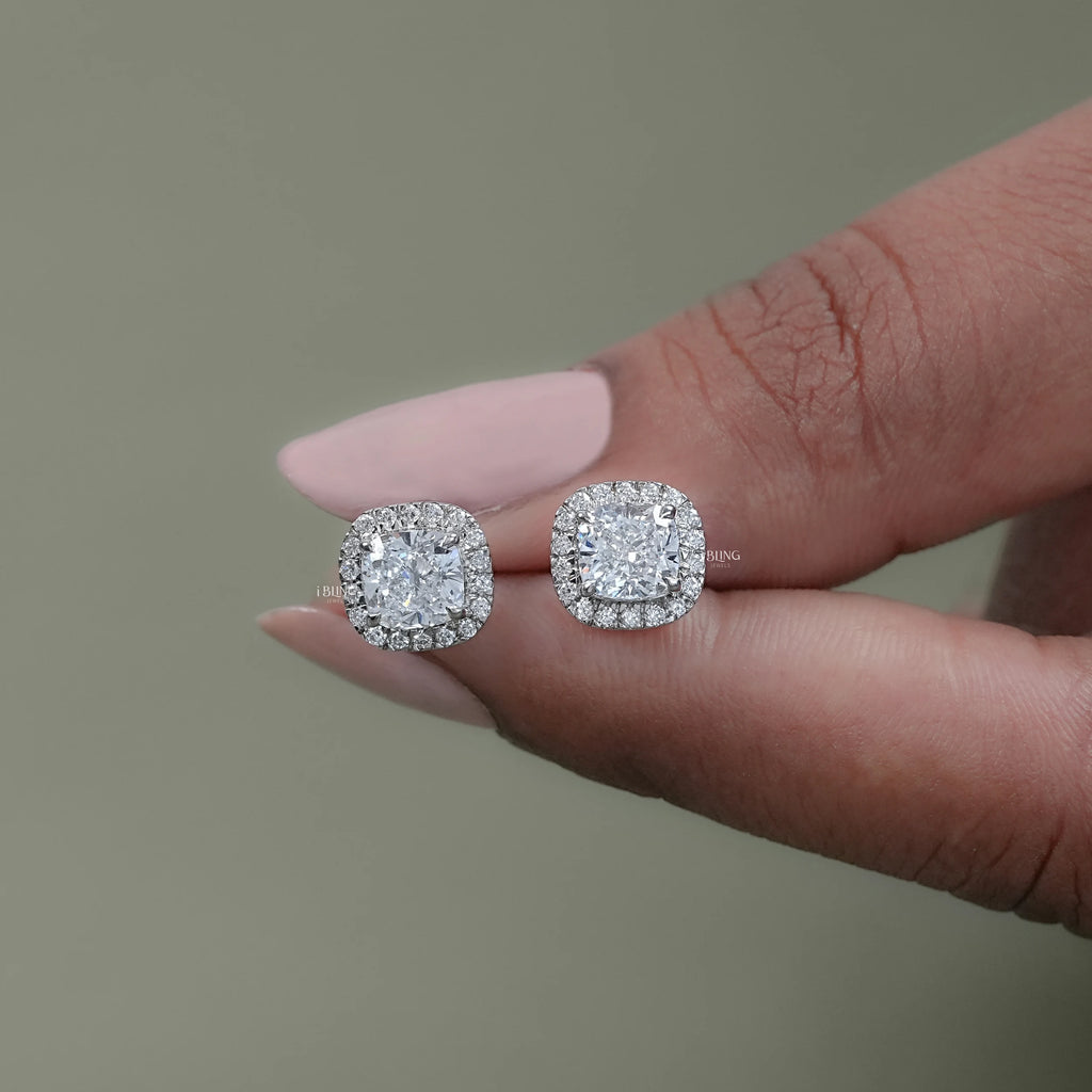 Cushion Cut Lab Diamond Halo Stud Earrings