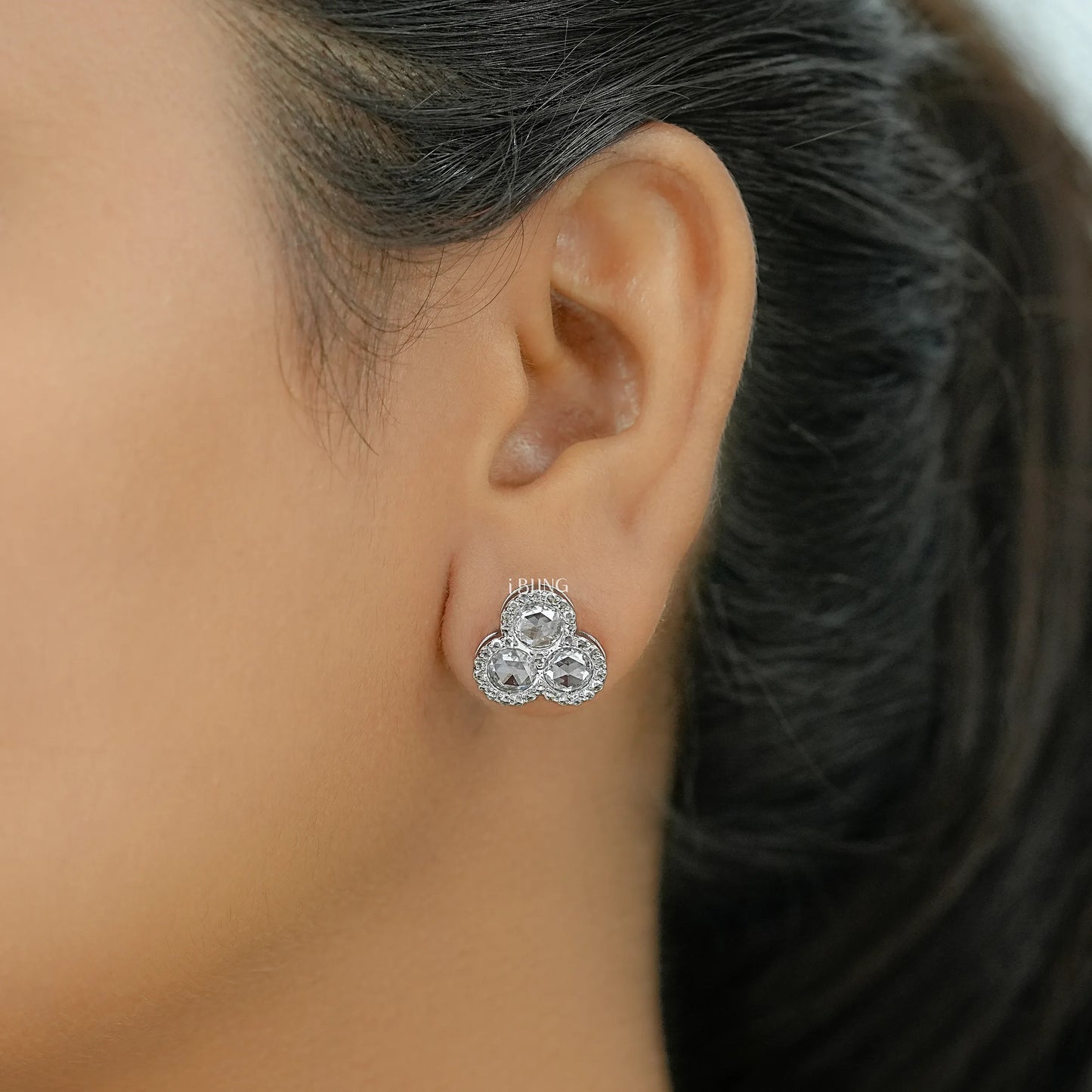 Three Stone Halo Stud Earrings Earrings