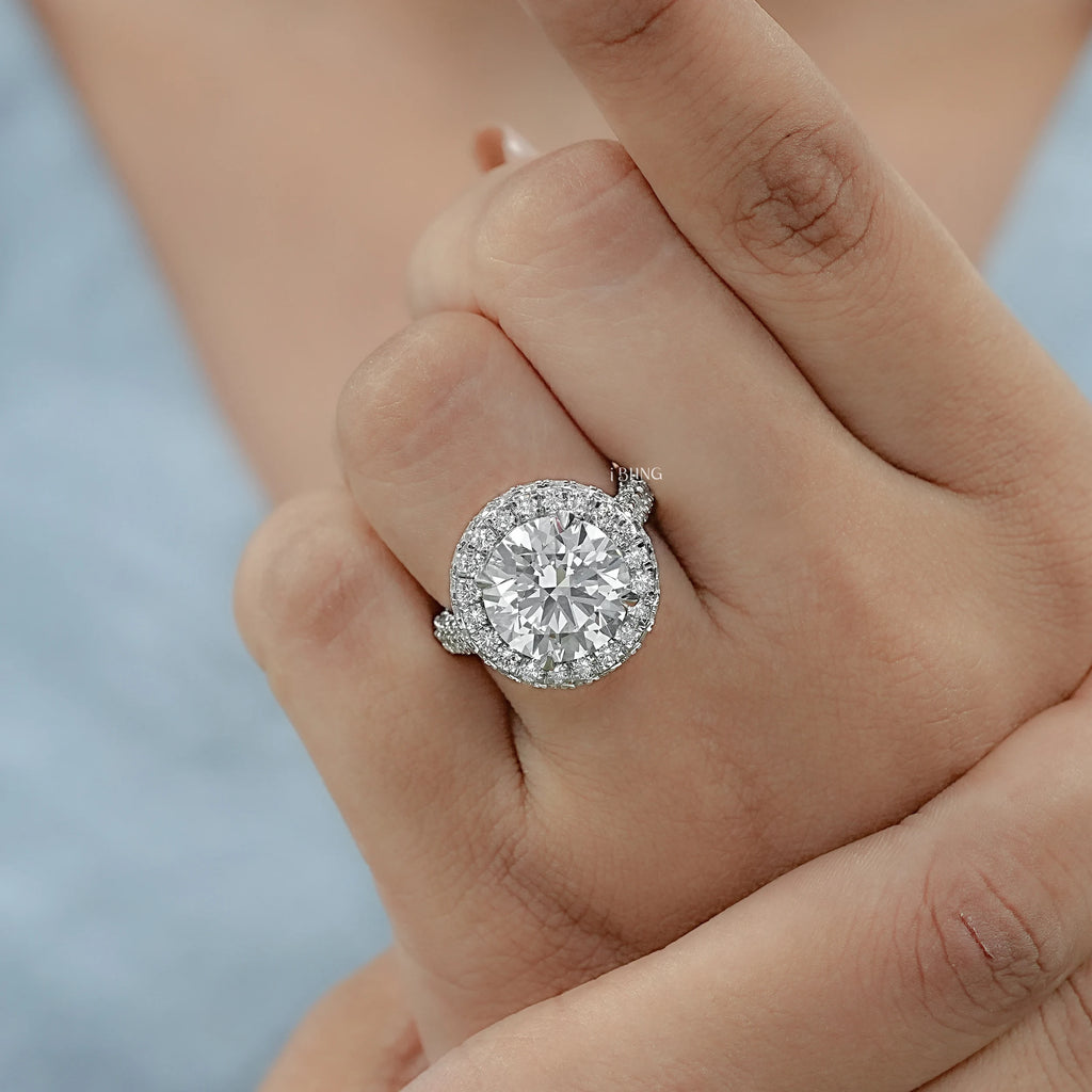 Double Halo Round Diamond Pave Set Ring