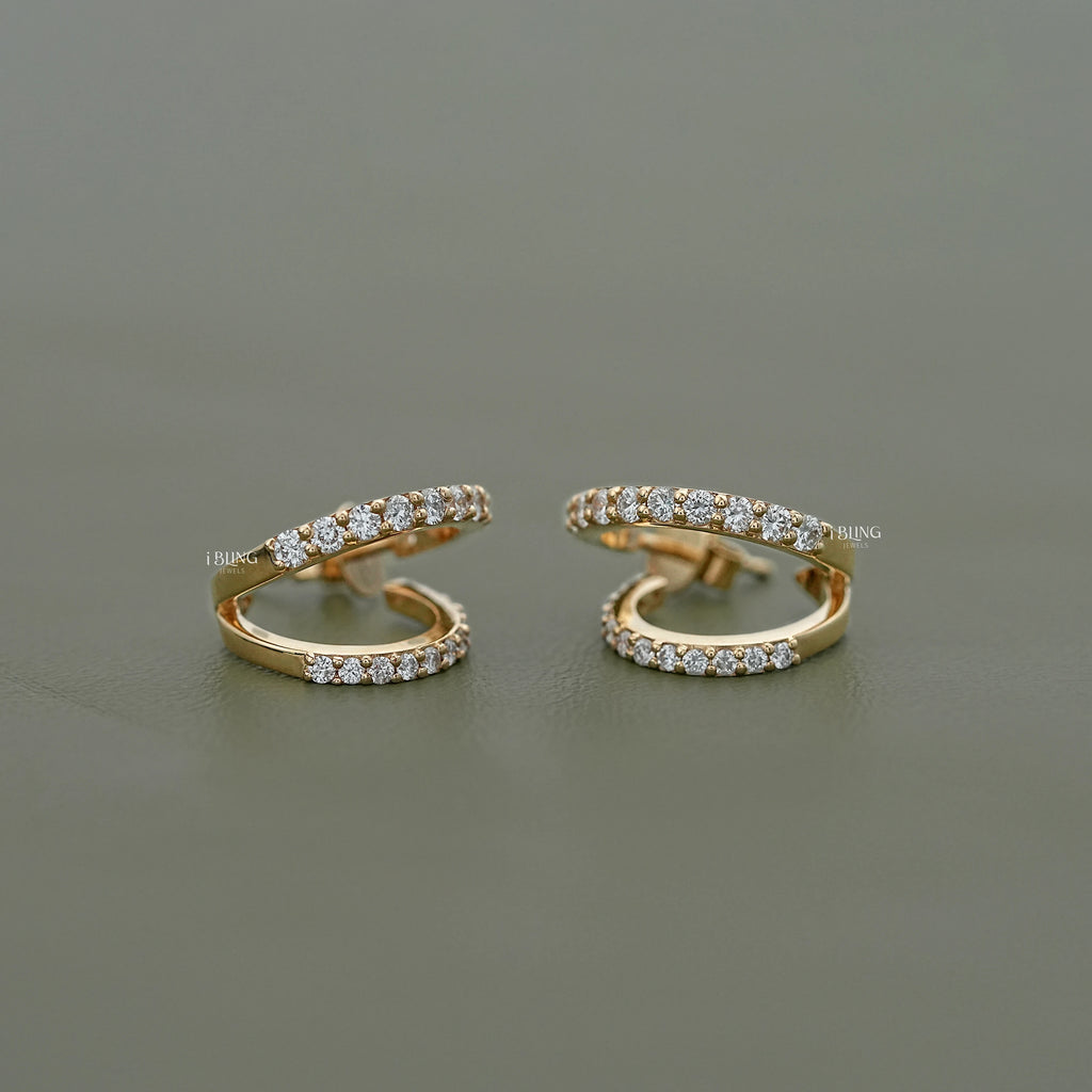 Round Diamond Double Row C Hoop Earrings