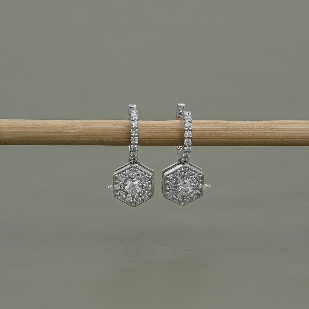 Round Diamond Halo Set Dangle Hoop Earrings