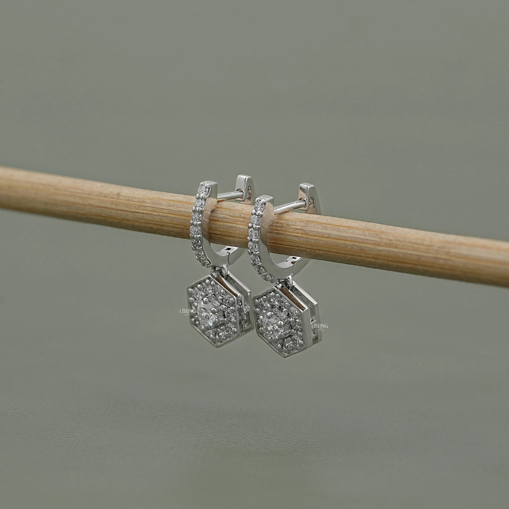 Round Diamond Halo Set Dangle Hoop Earrings