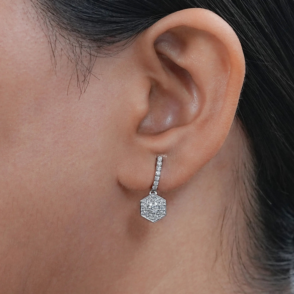 Round Diamond Halo Set Dangle Hoop Earrings