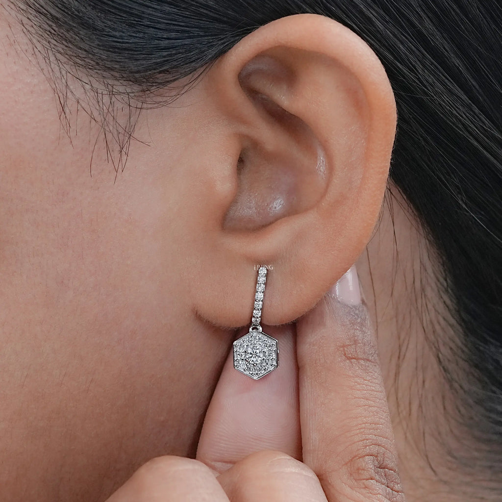 Round Diamond Halo Set Dangle Hoop Earrings