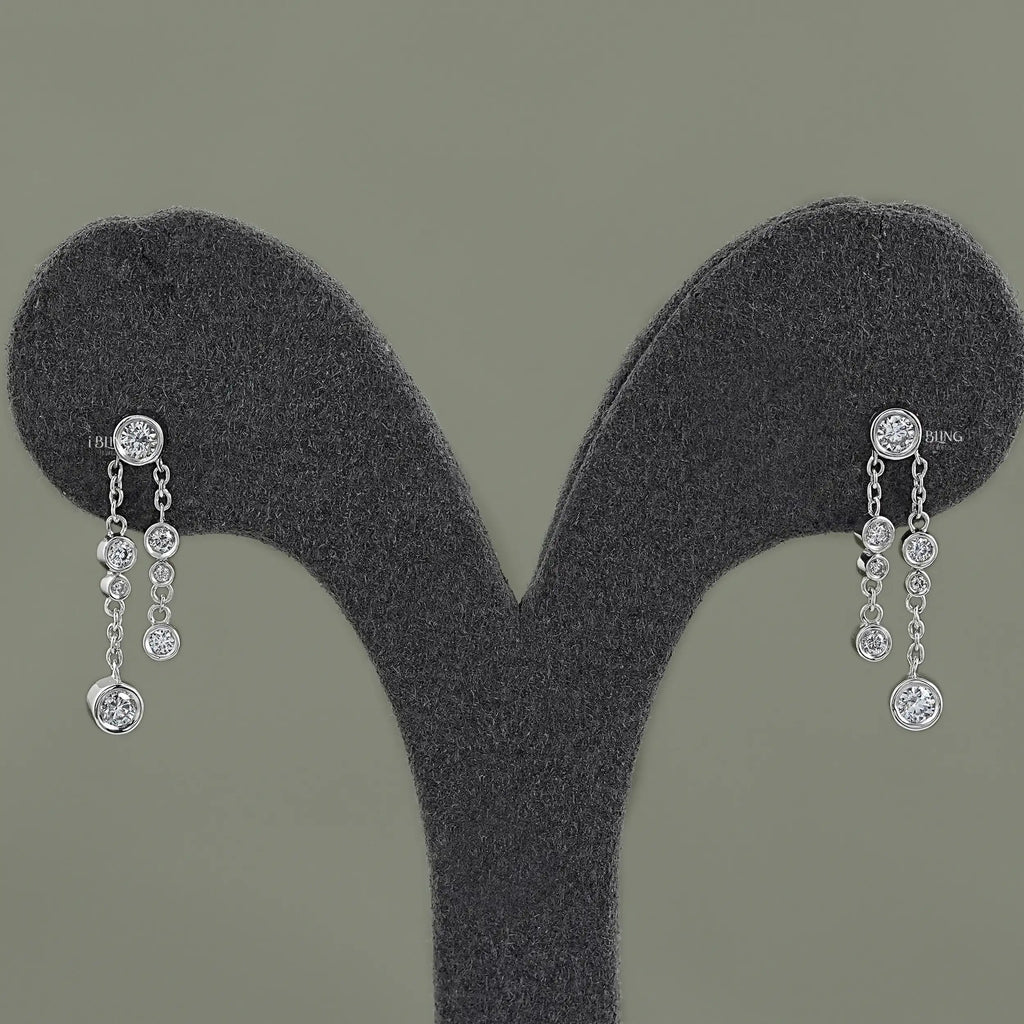 Round Cut Bezel Set Chain Drop Dangle Earrings