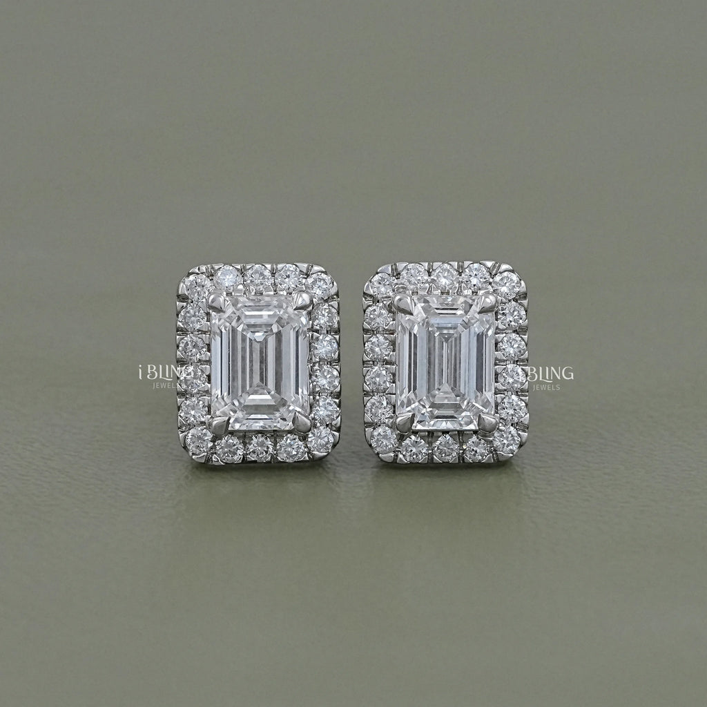 Lab Grown Emerald Cut Halo Stud Earrings