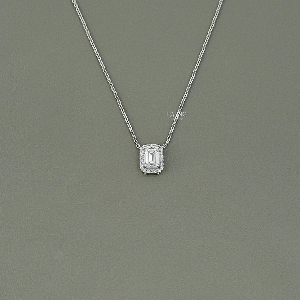 Emerald Cut Diamond Halo Pendant