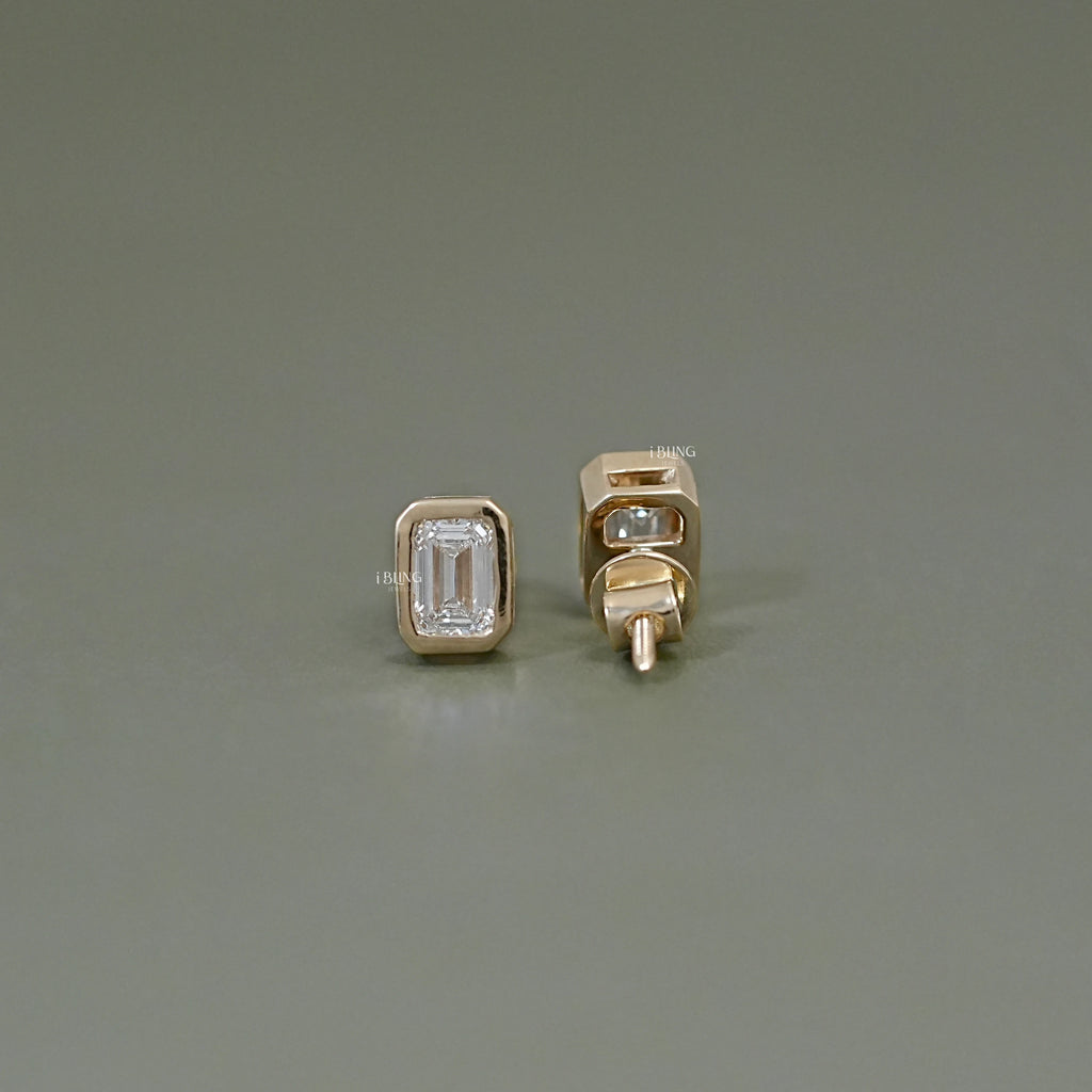 Emerald Cut Bezel Set Stud Earrings