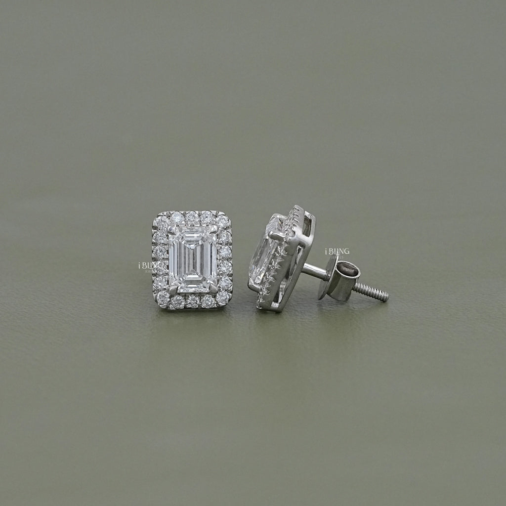 Lab Grown Emerald Cut Halo Stud Earrings