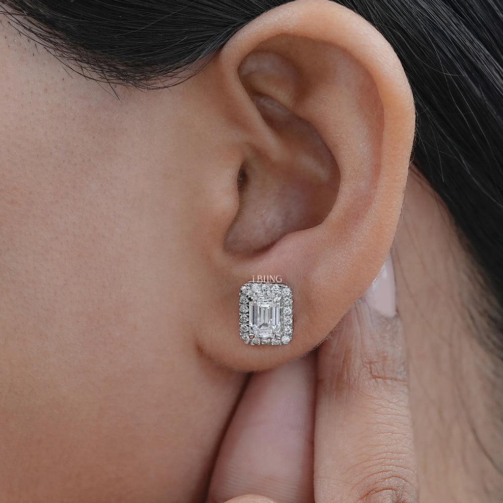Lab Grown Emerald Cut Halo Stud Earrings